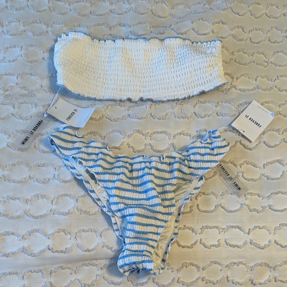 Forever 21 White and Blue Striped Bikini